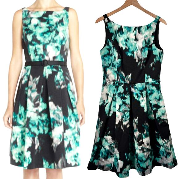 NORDSTROM ELIZA J NEW Tiered Ruffle Black & Green Floral Print Dress – Size 10 - Picture 1 of 10